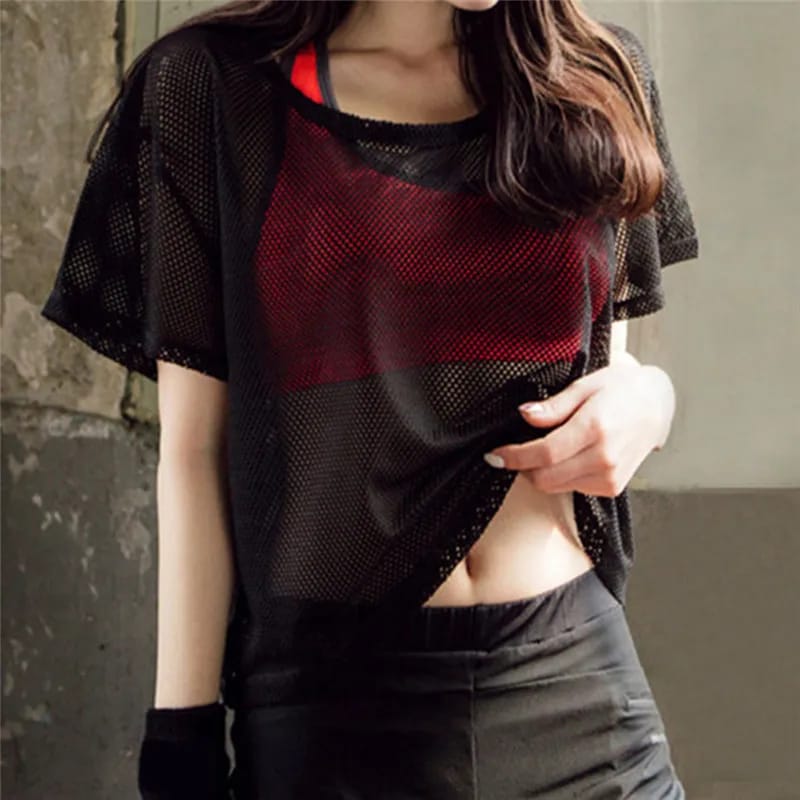 Remera Top de Yoga Sexy para Mujer, Manga Corta, de Malla, Ropa Deportiva de Secado Rápido para Gimnasio, Running y Fitness.